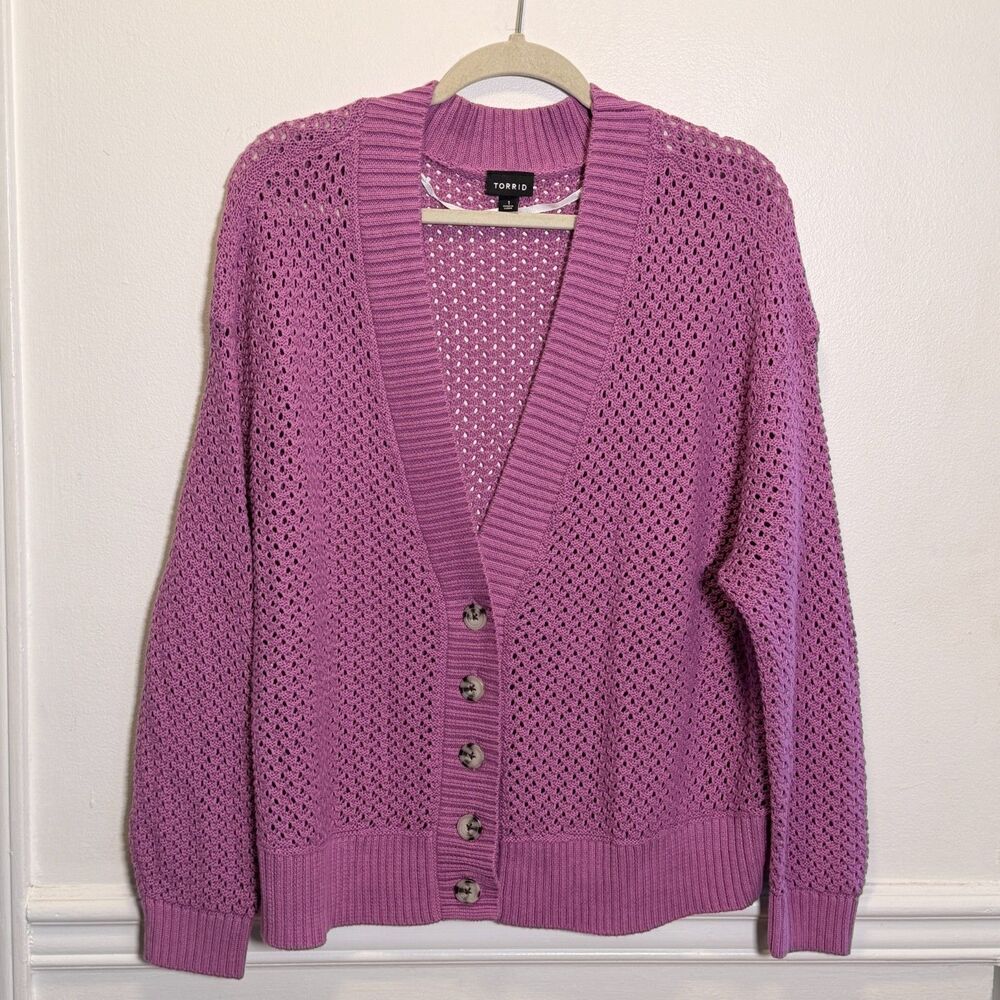 Torrid 1 1X Purple Open Stitch Crochet Cardigan 100% Cotton Button Front